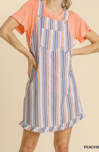 Multicolored Stripe Button Front and Side Pockets Overall Dress w/ Ruffled Raw Hem