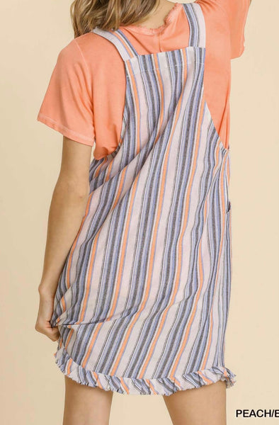 Multicolored Stripe Button Front and Side Pockets Overall Dress w/ Ruffled Raw Hem