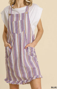 Multicolored Stripe Button Front and Side Pockets Overall Dress w/ Ruffled Raw Hem